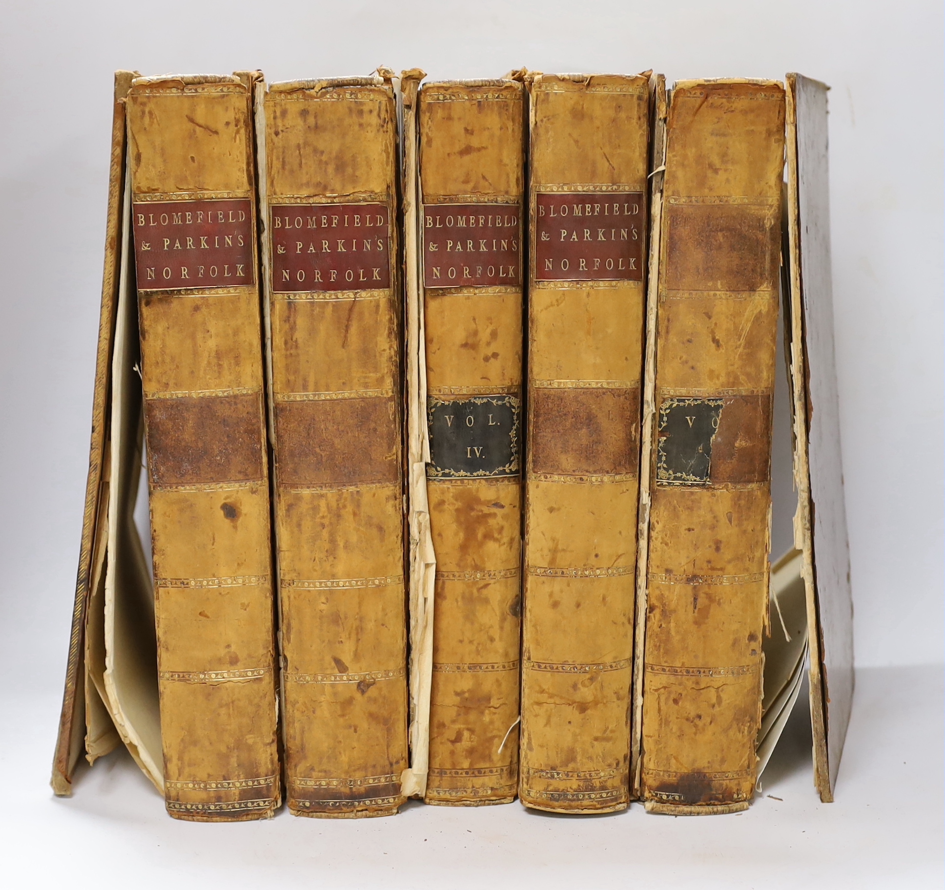 Blomefield, Rev. Francis - Essay towards a Topographical History of the County of Norfolk. First Edition, 5 vols. engraved plates and maps (but some lacking); old calf (distressed), folio. Fersfield, Norwich and Lynn, 17